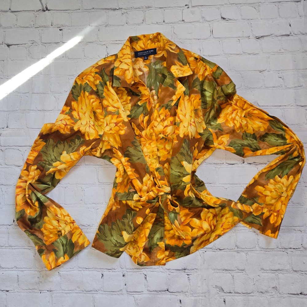 Jones New York fall Floral Tie button Front Blouse Cotton L cottagecore fairy